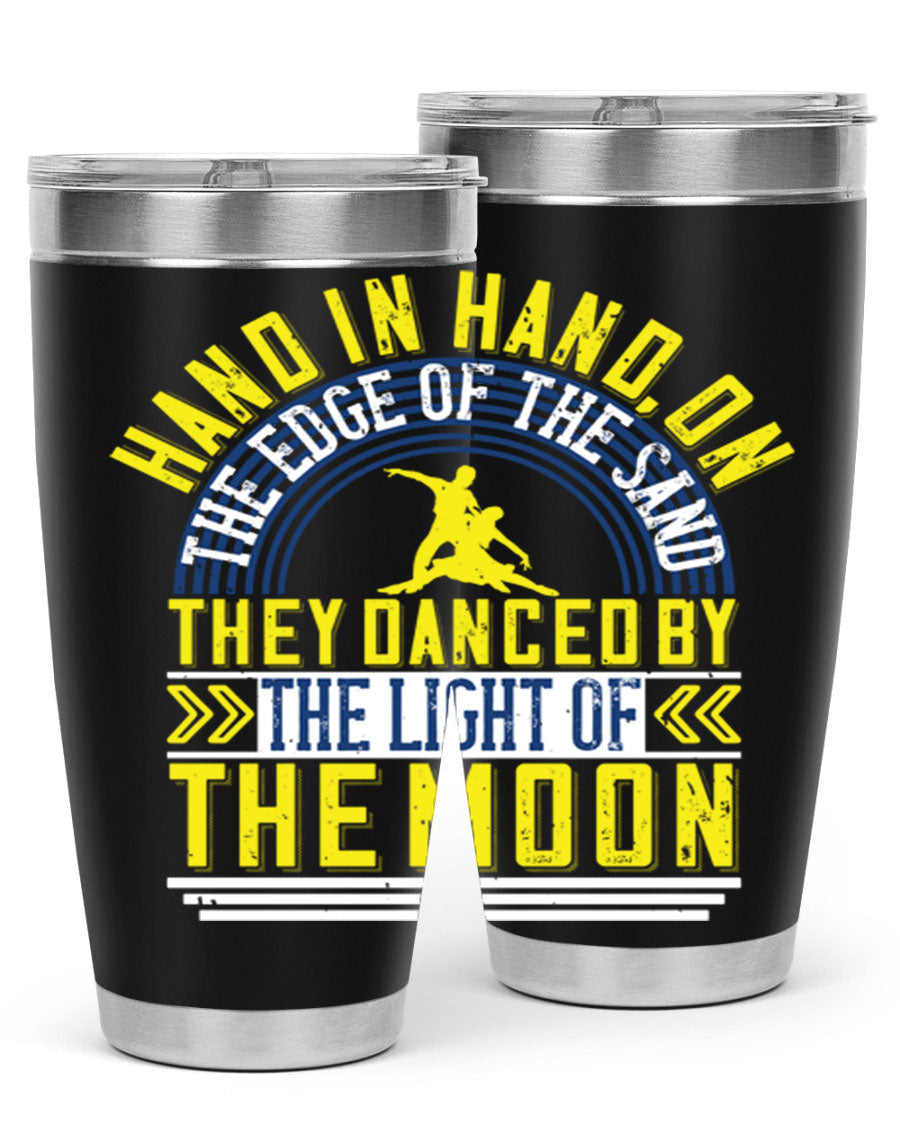 Hand in Hand on the Edge of the Sand Tumbler, a stylish double wall vacuum stainless steel drinkware with a press-in lid.