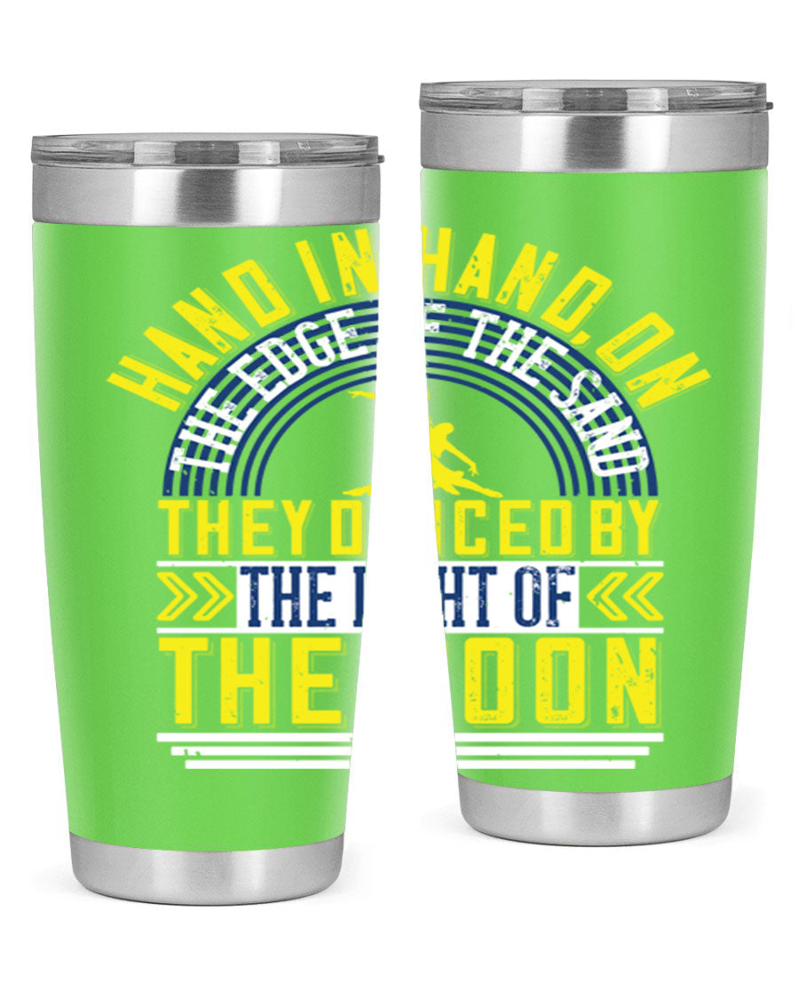 Hand in Hand on the Edge of the Sand Tumbler, a stylish double wall vacuum stainless steel drinkware with a press-in lid.