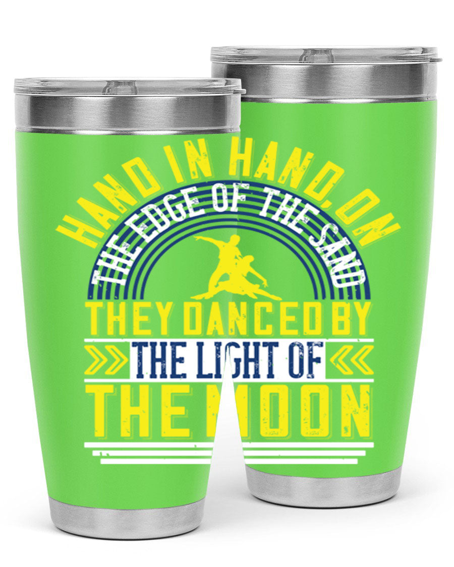 Hand in Hand on the Edge of the Sand Tumbler, a stylish double wall vacuum stainless steel drinkware with a press-in lid.