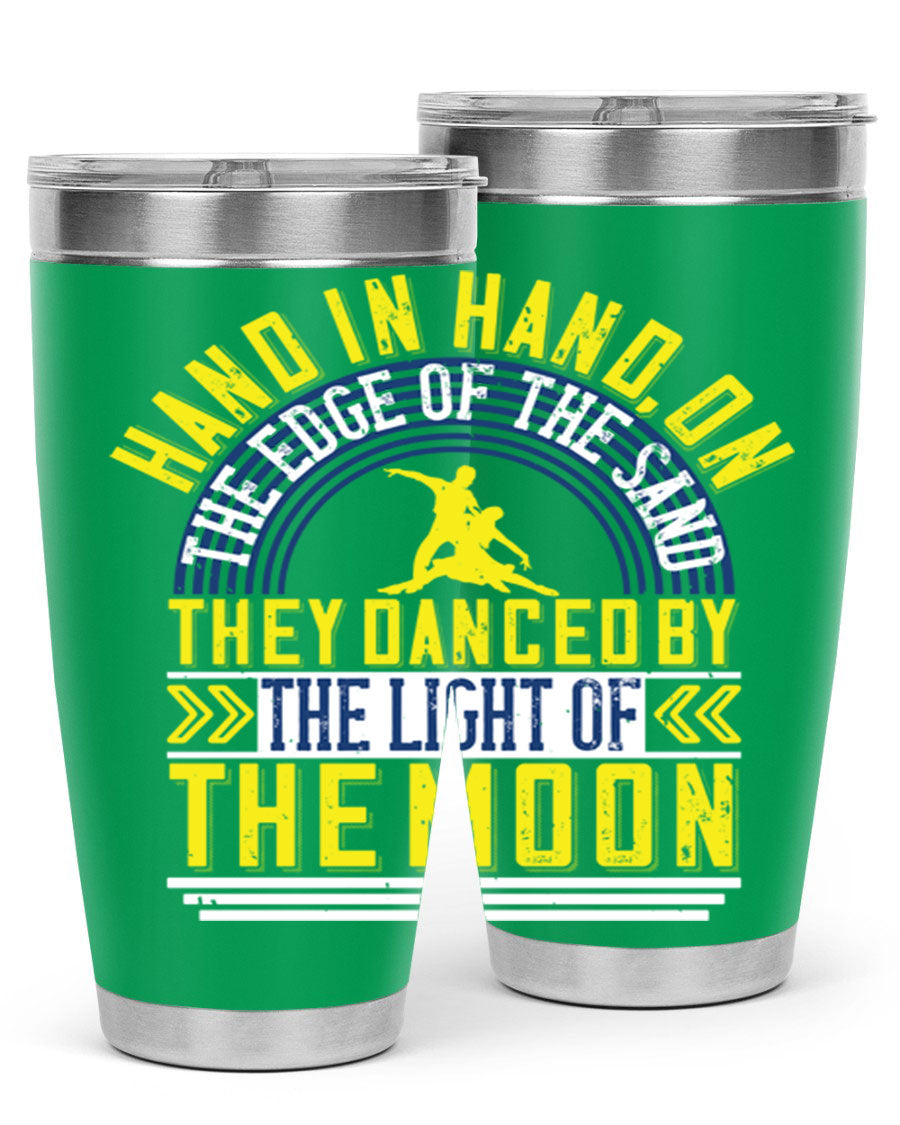 Hand in Hand on the Edge of the Sand Tumbler, a stylish double wall vacuum stainless steel drinkware with a press-in lid.