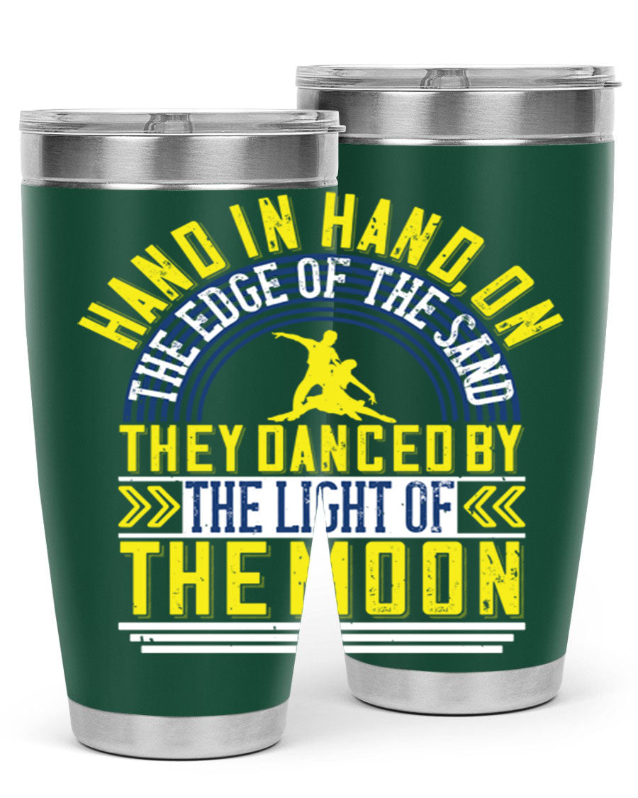 Hand in Hand on the Edge of the Sand Tumbler, a stylish double wall vacuum stainless steel drinkware with a press-in lid.