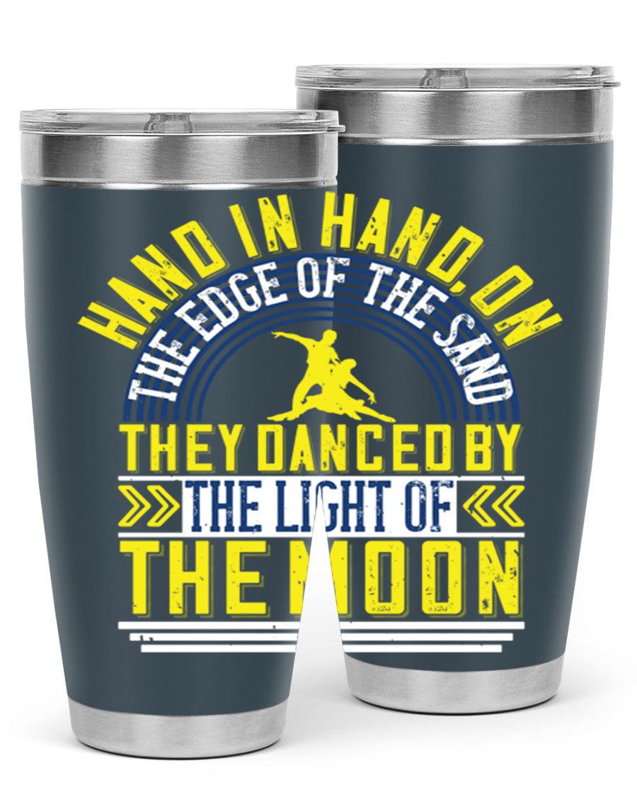 Hand in Hand on the Edge of the Sand Tumbler, a stylish double wall vacuum stainless steel drinkware with a press-in lid.