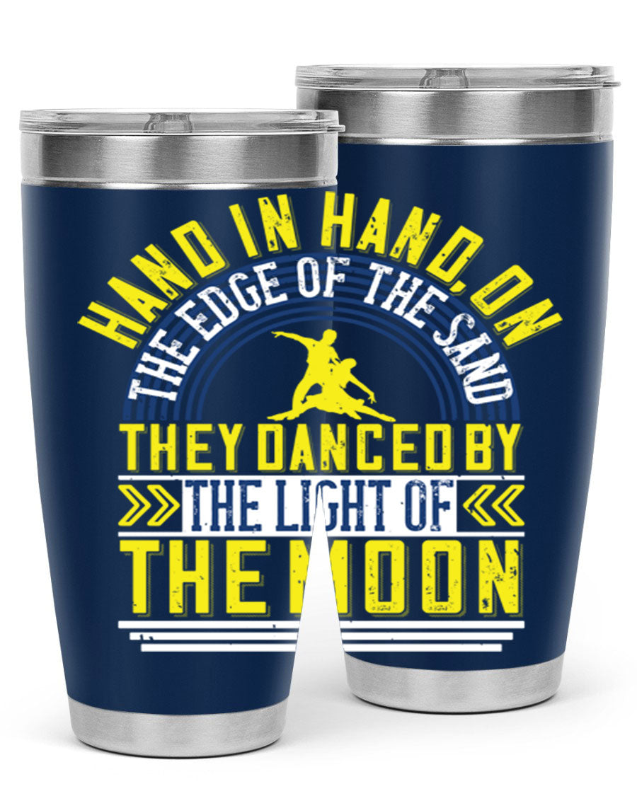 Hand in Hand on the Edge of the Sand Tumbler, a stylish double wall vacuum stainless steel drinkware with a press-in lid.