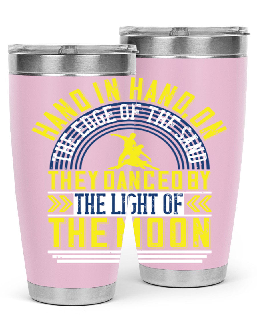 Hand in Hand on the Edge of the Sand Tumbler, a stylish double wall vacuum stainless steel drinkware with a press-in lid.