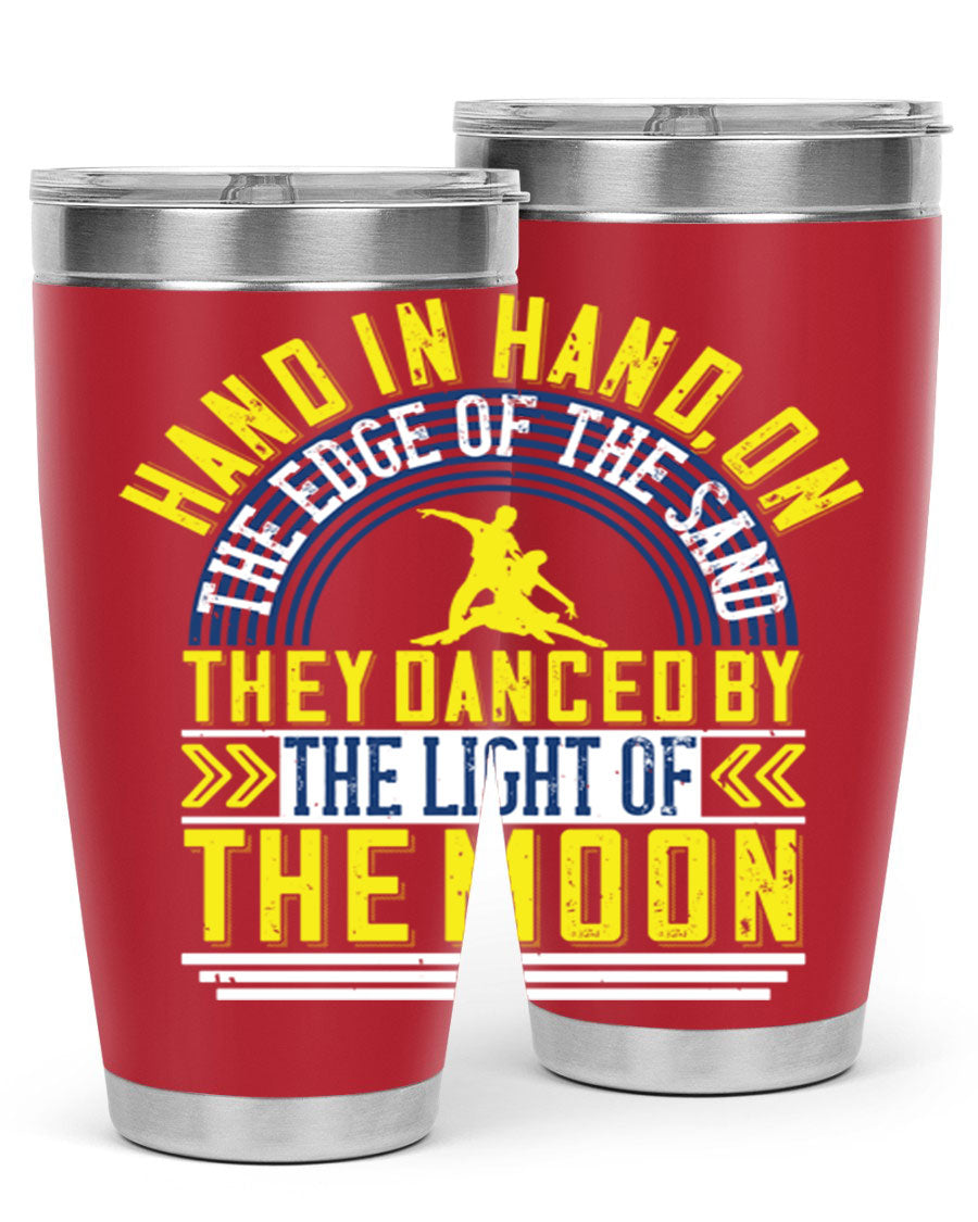 Hand in Hand on the Edge of the Sand Tumbler, a stylish double wall vacuum stainless steel drinkware with a press-in lid.