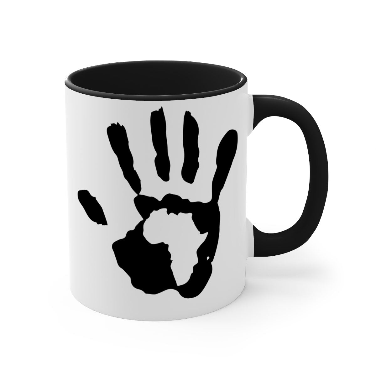 Hand with Africa Mug featuring black words and phrases, available in five colors with a glossy finish and C-shaped handle.