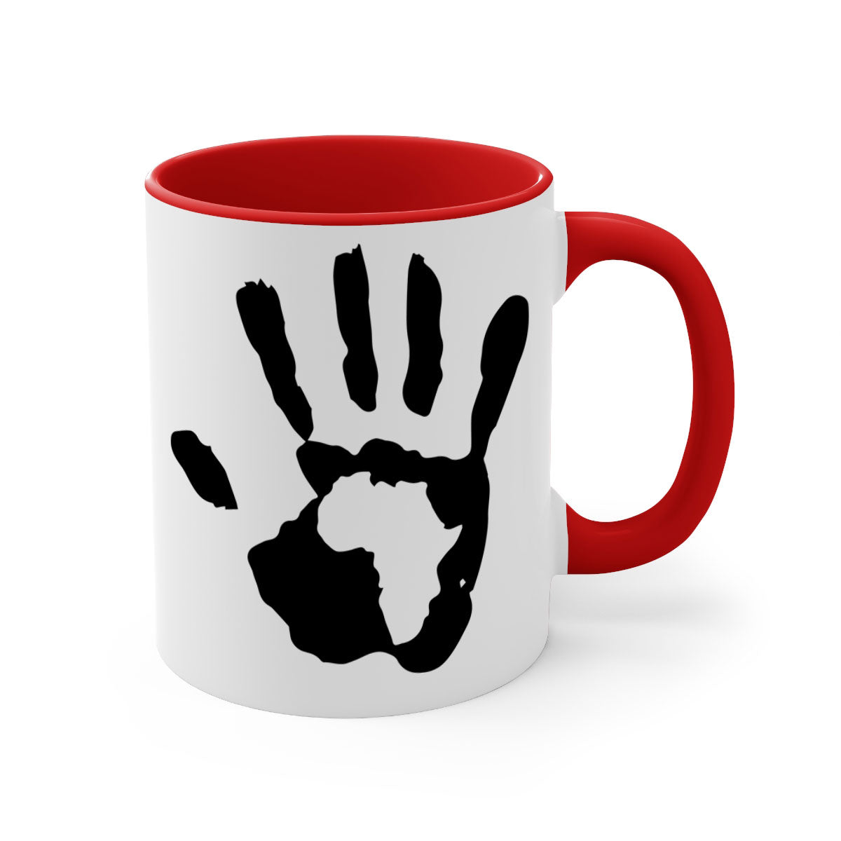 Hand with Africa Mug featuring black words and phrases, available in five colors with a glossy finish and C-shaped handle.