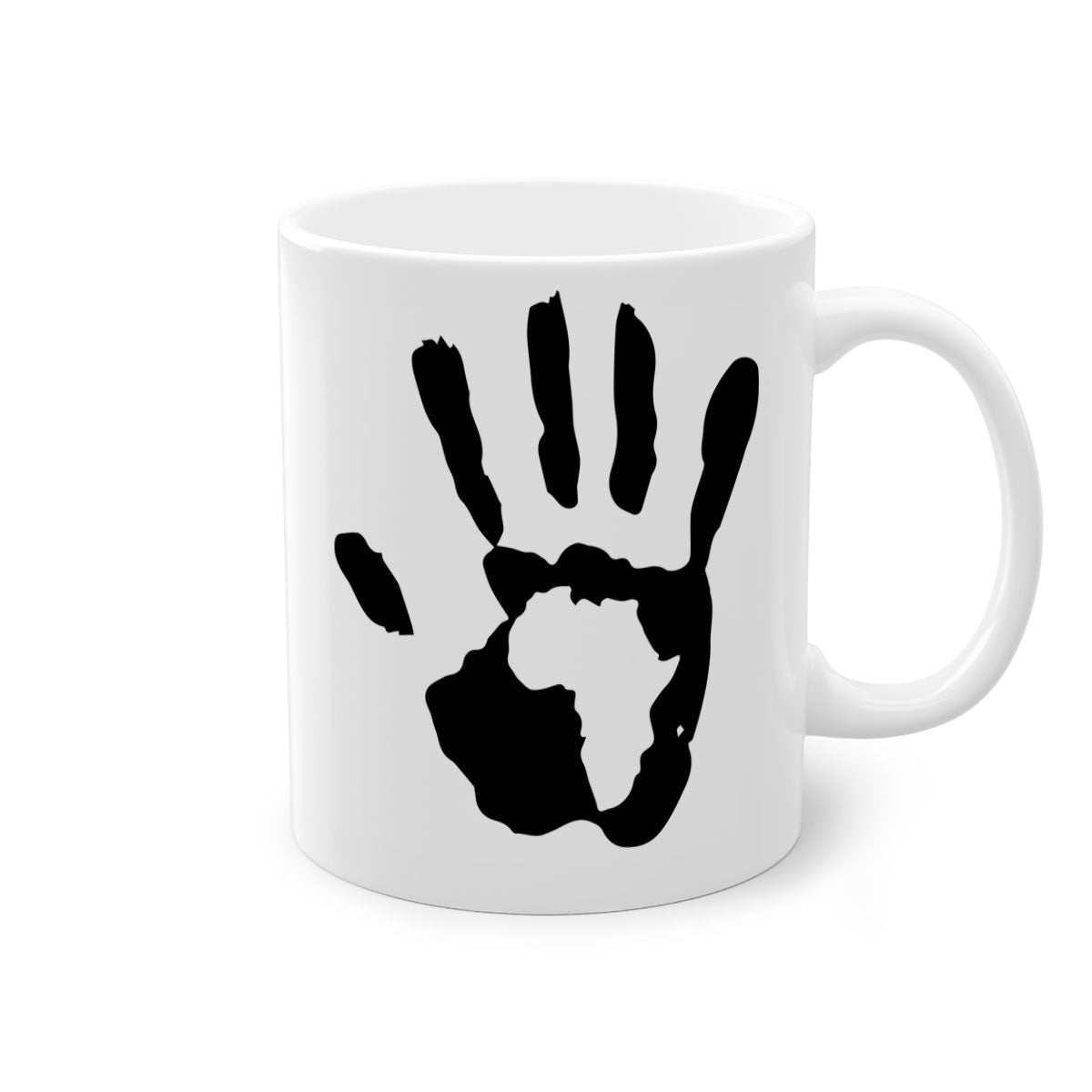 Hand with Africa Mug featuring black words and phrases, available in five colors with a glossy finish and C-shaped handle.