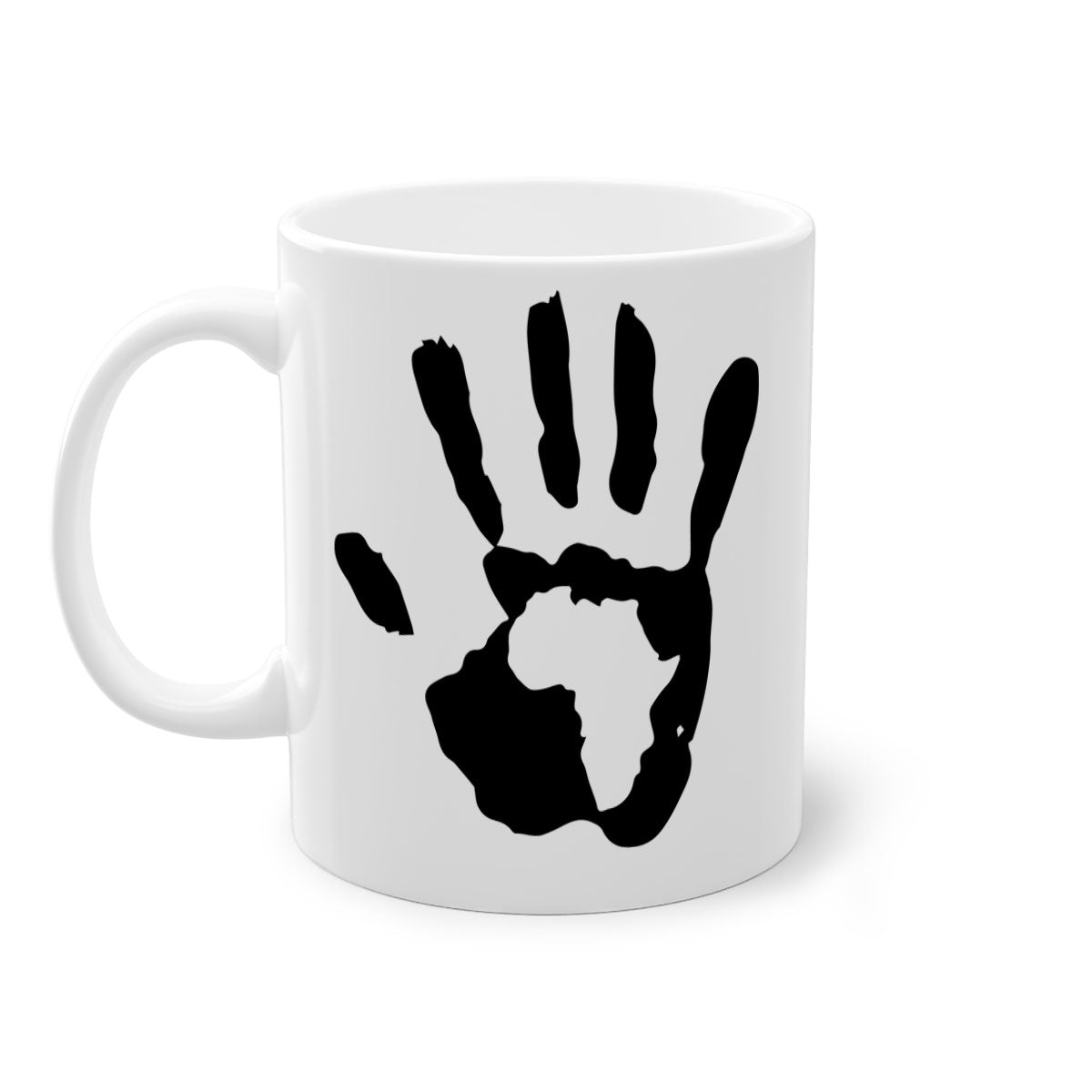Hand with Africa Mug featuring black words and phrases, available in five colors with a glossy finish and C-shaped handle.