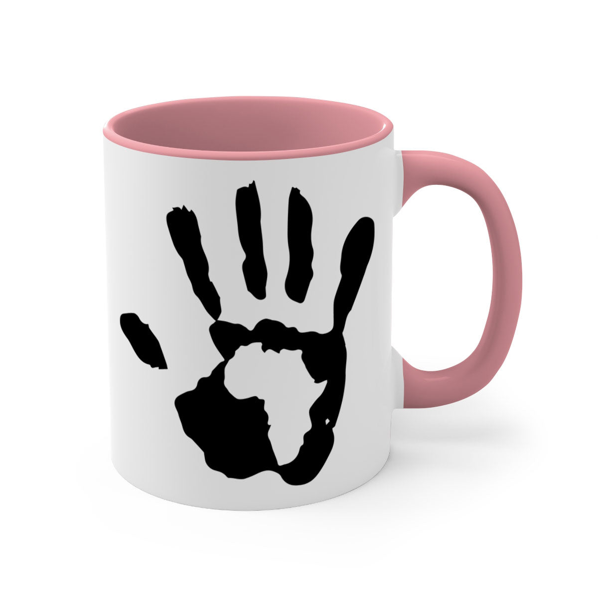 Hand with Africa Mug featuring black words and phrases, available in five colors with a glossy finish and C-shaped handle.