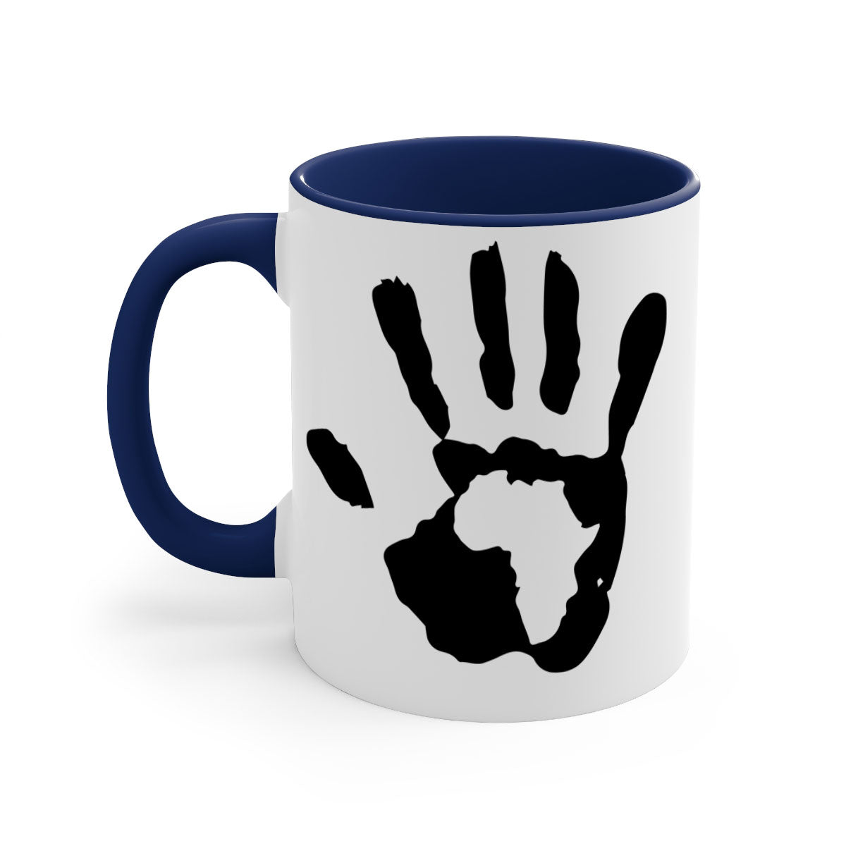 Hand with Africa Mug featuring black words and phrases, available in five colors with a glossy finish and C-shaped handle.