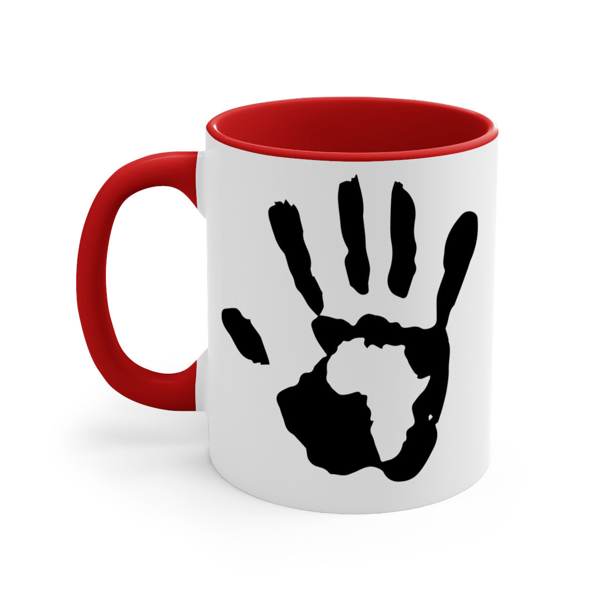 Hand with Africa Mug featuring black words and phrases, available in five colors with a glossy finish and C-shaped handle.