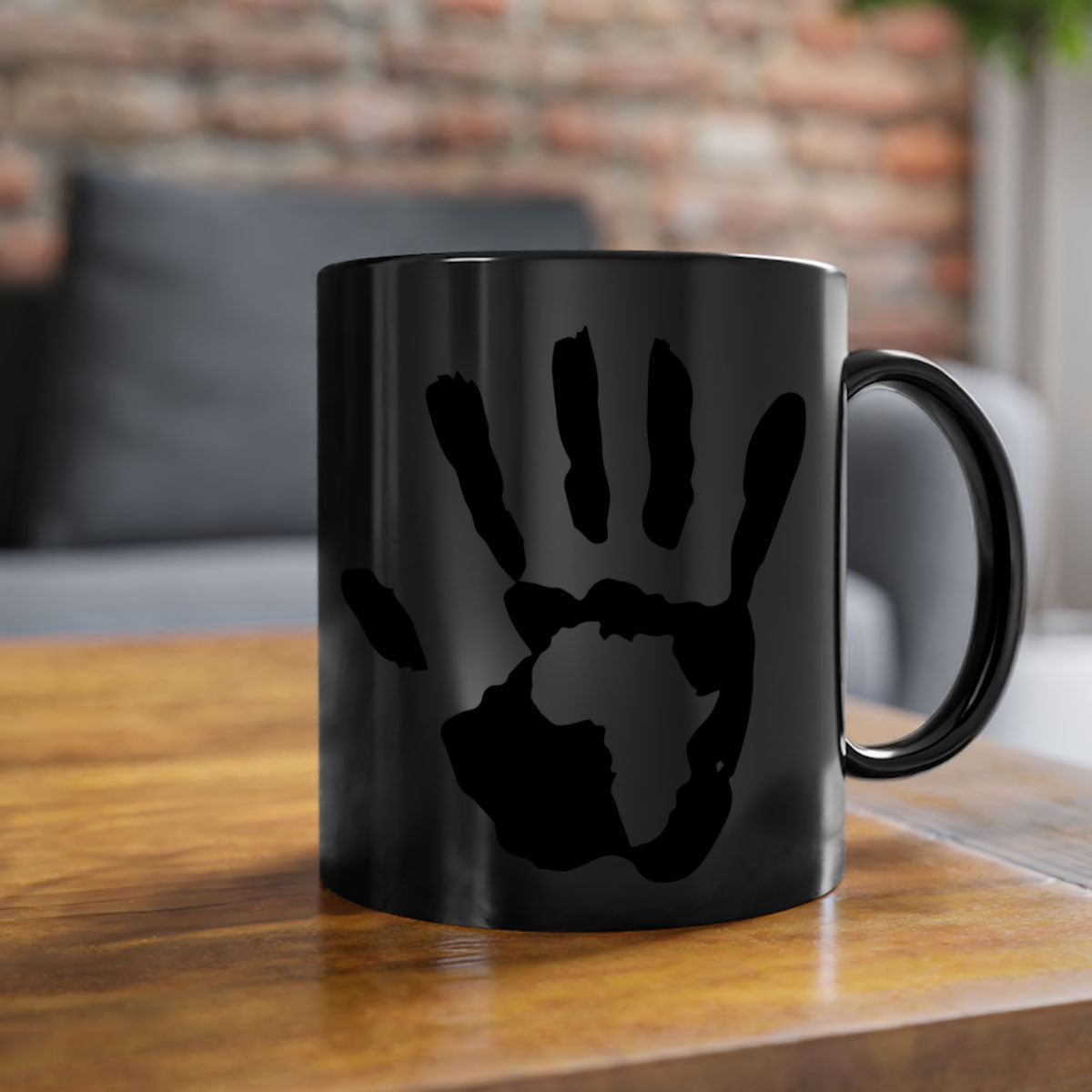Hand with Africa Mug featuring black words and phrases, available in five colors with a glossy finish and C-shaped handle.