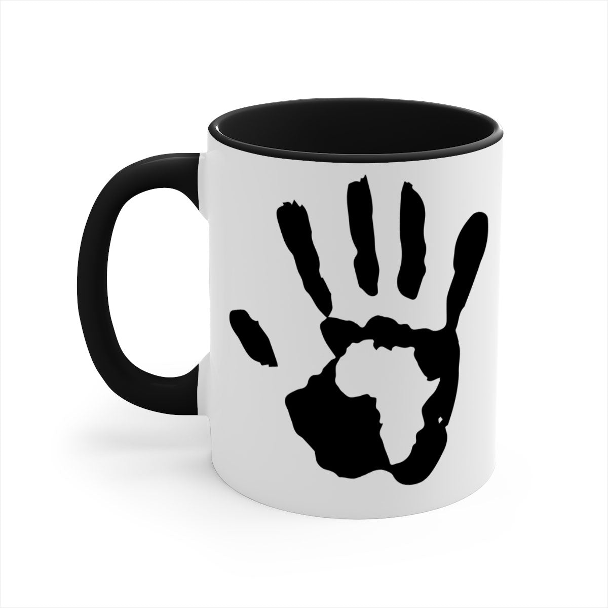 Hand with Africa Mug featuring black words and phrases, available in five colors with a glossy finish and C-shaped handle.