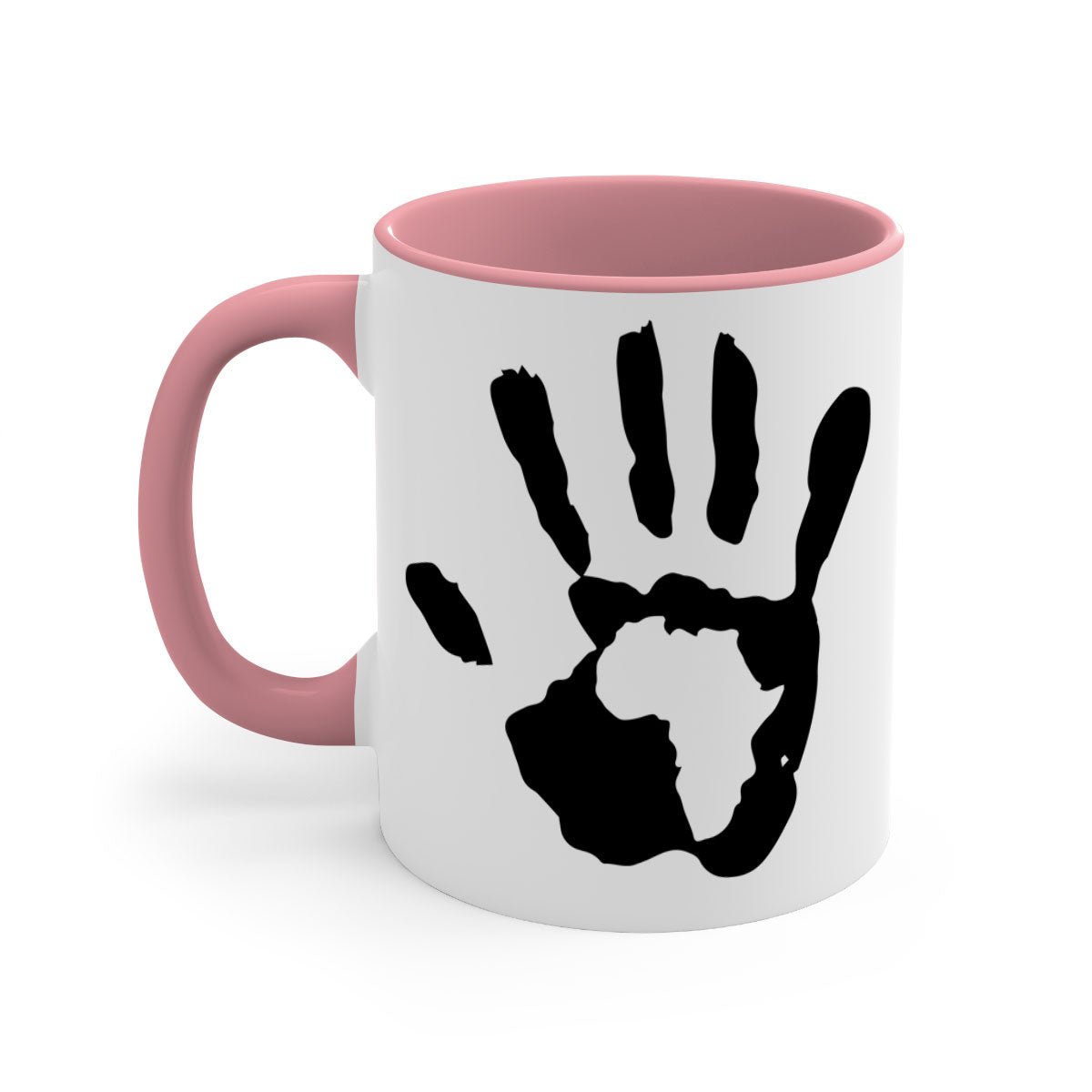 Hand with Africa Mug featuring black words and phrases, available in five colors with a glossy finish and C-shaped handle.
