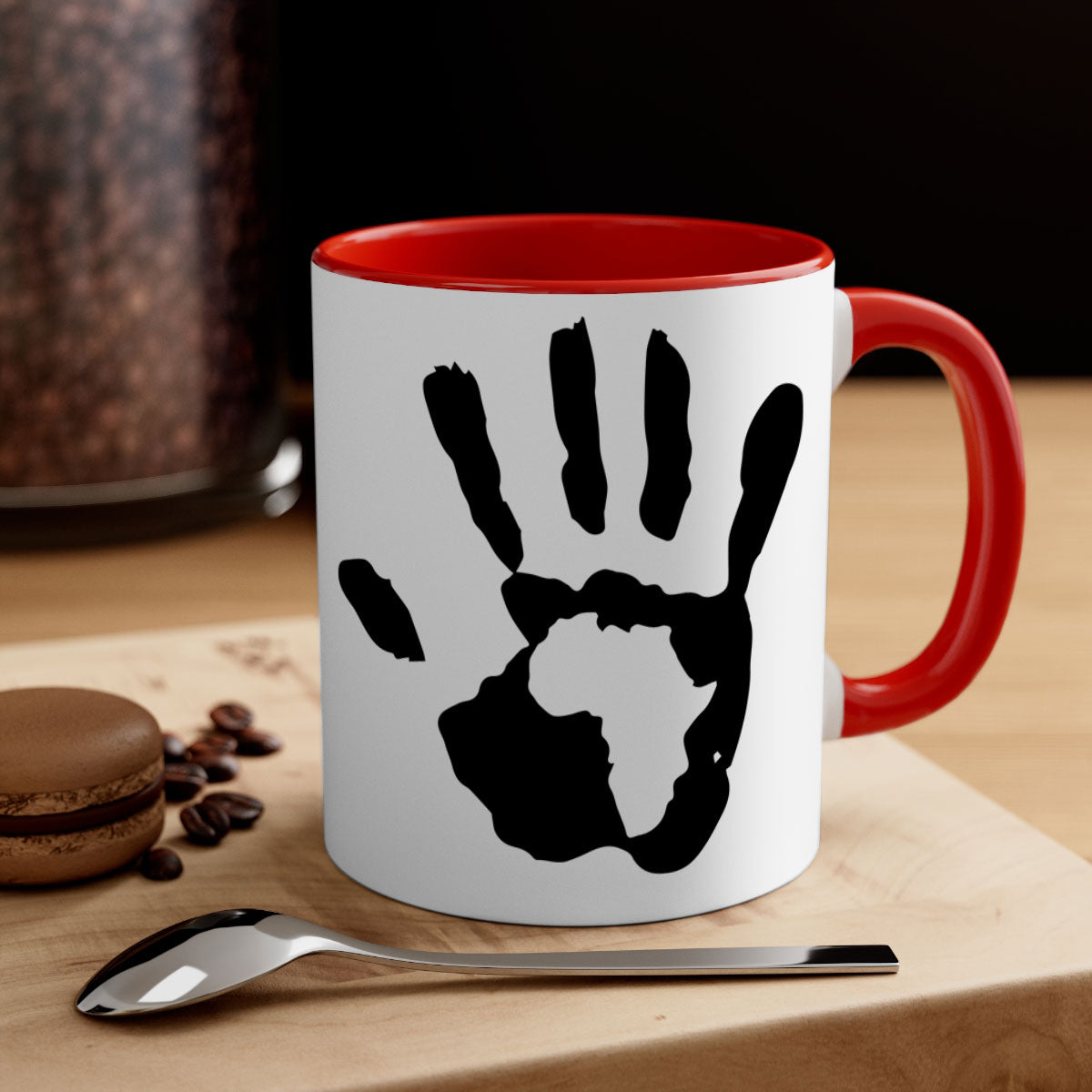 Hand with Africa Mug featuring black words and phrases, available in five colors with a glossy finish and C-shaped handle.