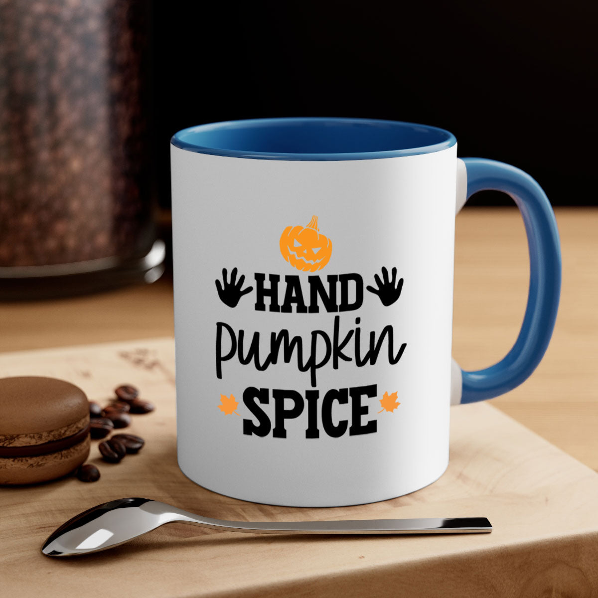 Handpumpkinspice 216# Mug featuring a glossy finish, colored handle, and interior, available in multiple colors and sizes.