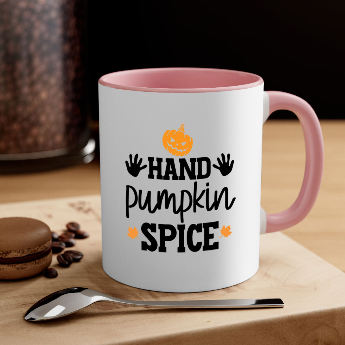 Handpumpkinspice 216# Mug featuring a glossy finish, colored handle, and interior, available in multiple colors and sizes.
