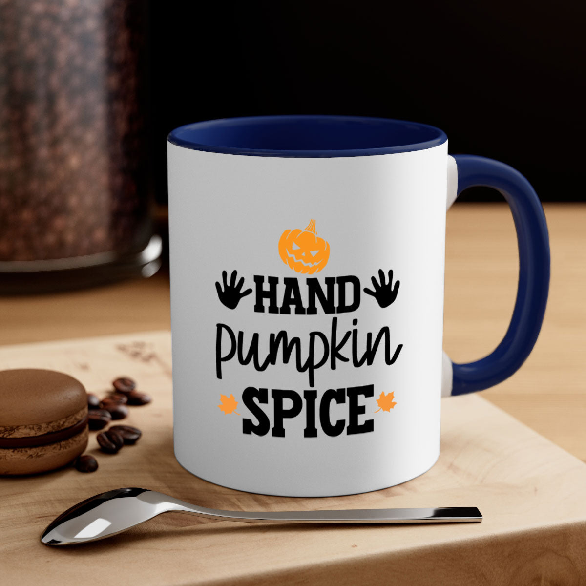 Handpumpkinspice 216# Mug featuring a glossy finish, colored handle, and interior, available in multiple colors and sizes.