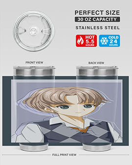 Handsome and cool boy in uniform design on a 20oz stainless steel tumbler, showcasing vibrant colors and a sleek finish.