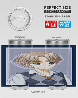 Handsome and cool boy in uniform design on a 20oz stainless steel tumbler, showcasing vibrant colors and a sleek finish.