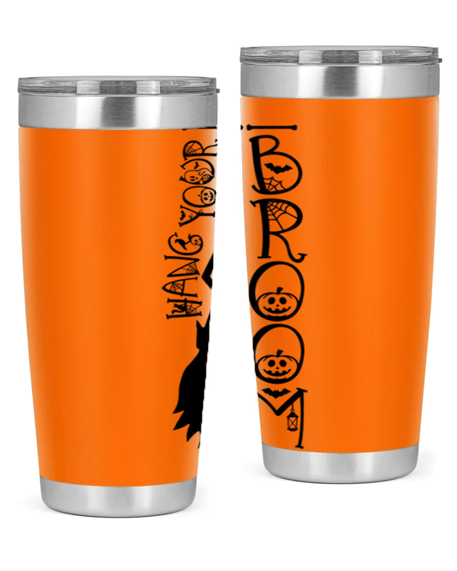 Hang Your Broom 20oz Halloween Tumbler made of stainless steel with a drink-thru lid, featuring a festive Halloween design.