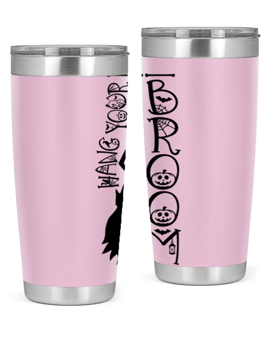 Hang Your Broom 20oz Halloween Tumbler made of stainless steel with a drink-thru lid, featuring a festive Halloween design.