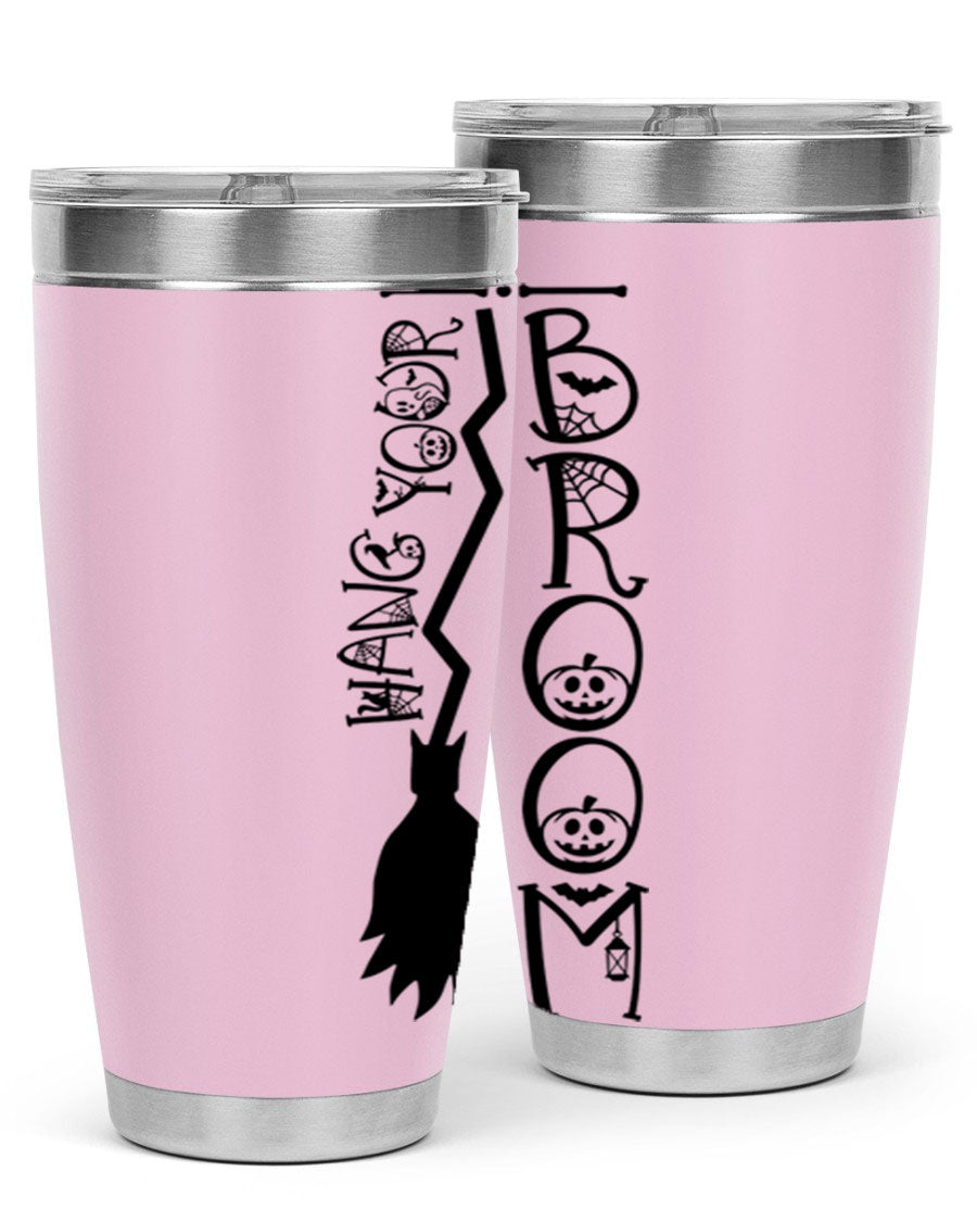 Hang Your Broom 20oz Halloween Tumbler made of stainless steel with a drink-thru lid, featuring a festive Halloween design.