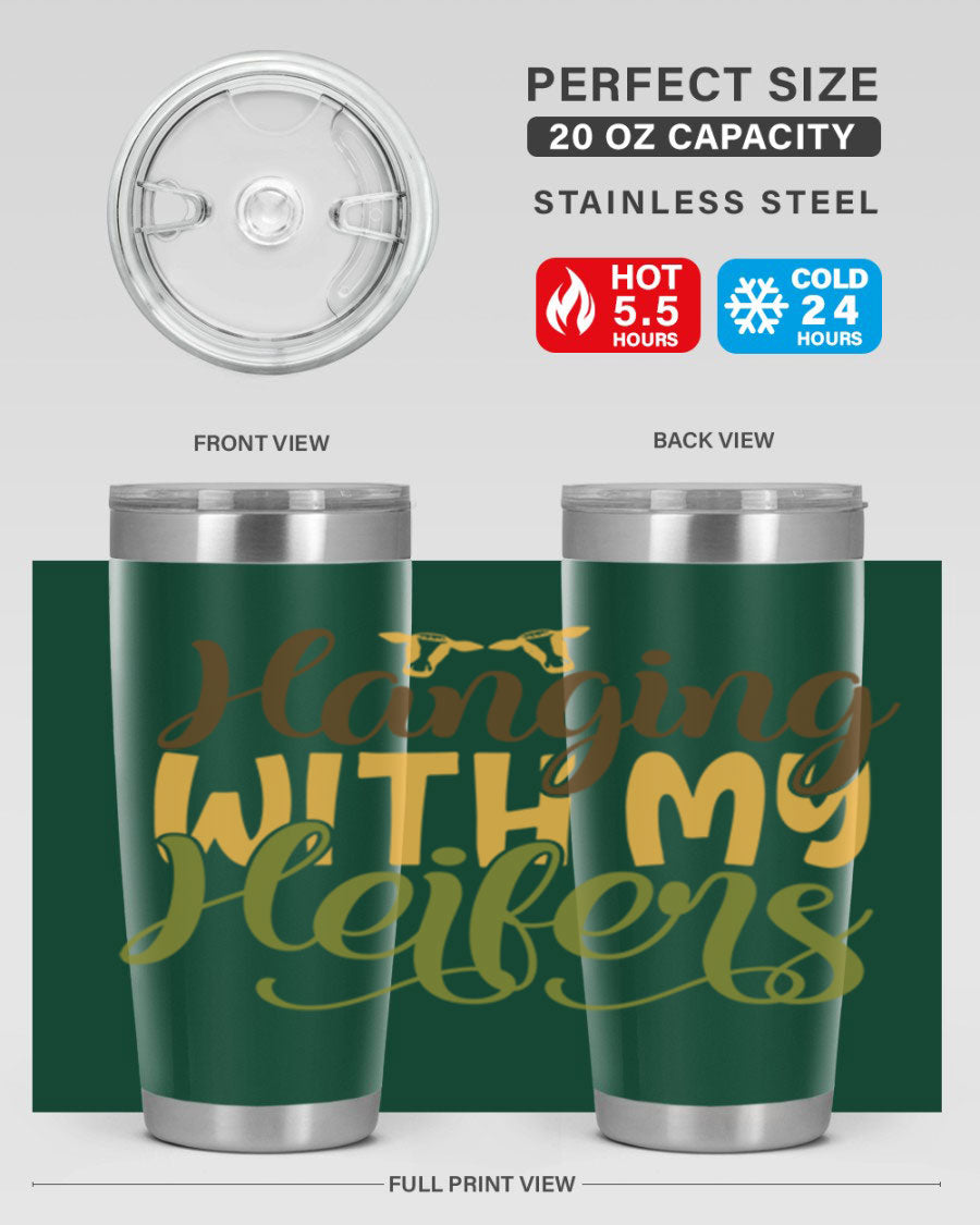 Hanging with My Heifers 20oz Tumbler featuring a double wall vacuum stainless steel design with a copper lining, perfect for hot and cold beverages.