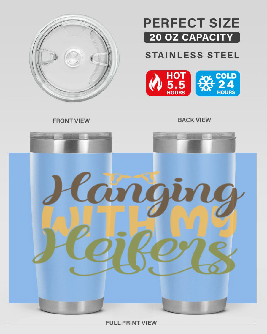 Hanging with My Heifers 20oz Tumbler featuring a double wall vacuum stainless steel design with a copper lining, perfect for hot and cold beverages.