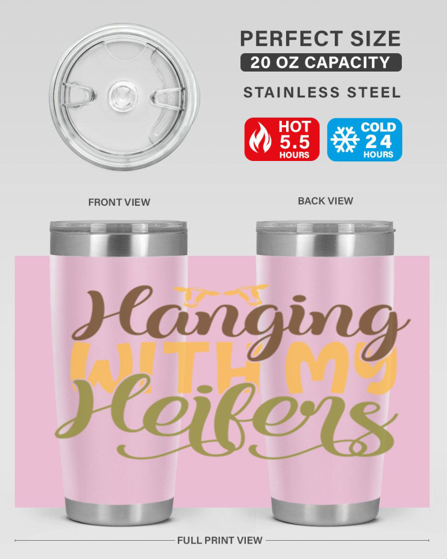 Hanging with My Heifers 20oz Tumbler featuring a double wall vacuum stainless steel design with a copper lining, perfect for hot and cold beverages.