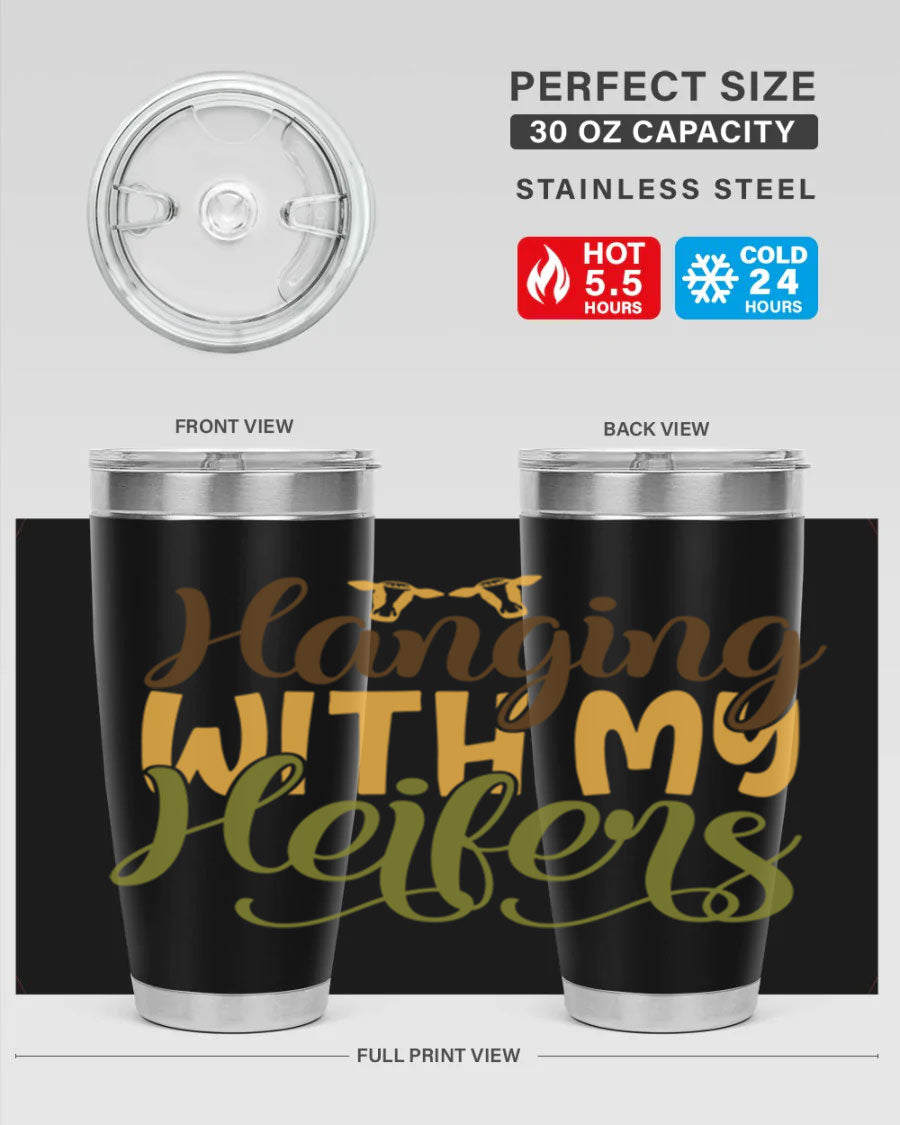 Hanging with My Heifers 20oz Tumbler featuring a double wall vacuum stainless steel design with a copper lining, perfect for hot and cold beverages.