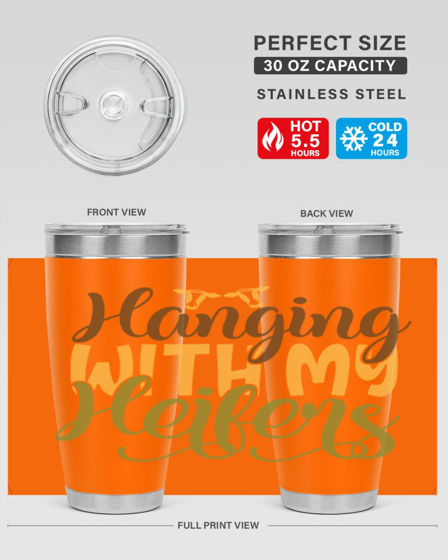 Hanging with My Heifers 20oz Tumbler featuring a double wall vacuum stainless steel design with a copper lining, perfect for hot and cold beverages.