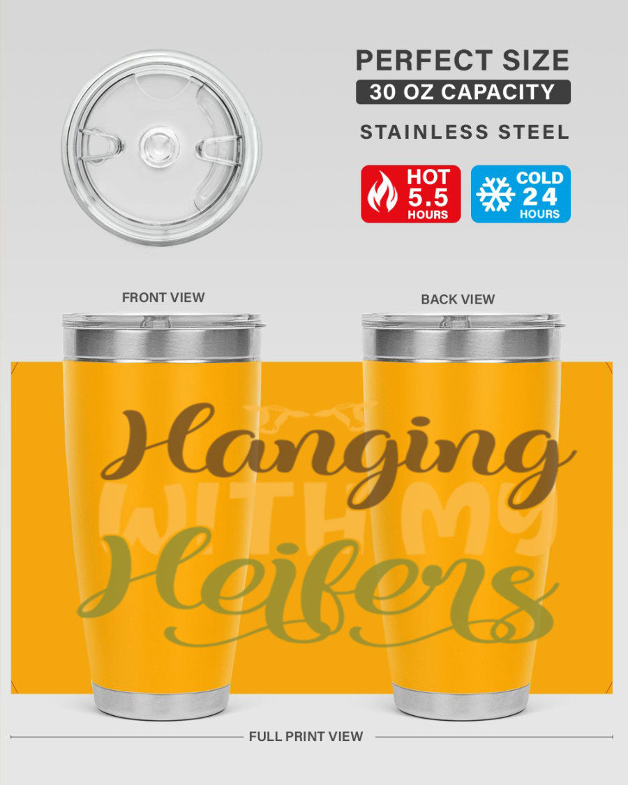 Hanging with My Heifers 20oz Tumbler featuring a double wall vacuum stainless steel design with a copper lining, perfect for hot and cold beverages.