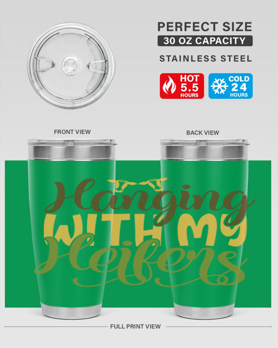Hanging with My Heifers 20oz Tumbler featuring a double wall vacuum stainless steel design with a copper lining, perfect for hot and cold beverages.