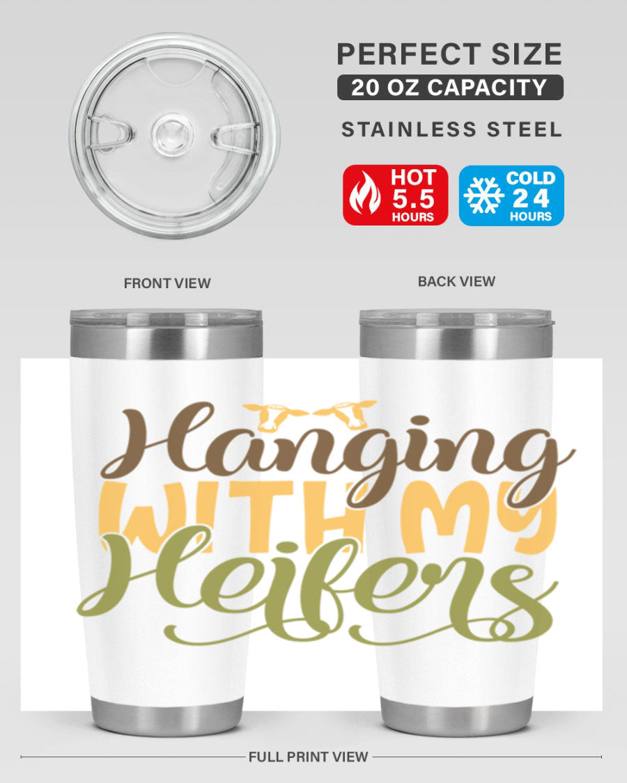 Hanging with My Heifers 20oz Tumbler featuring a double wall vacuum stainless steel design with a copper lining, perfect for hot and cold beverages.