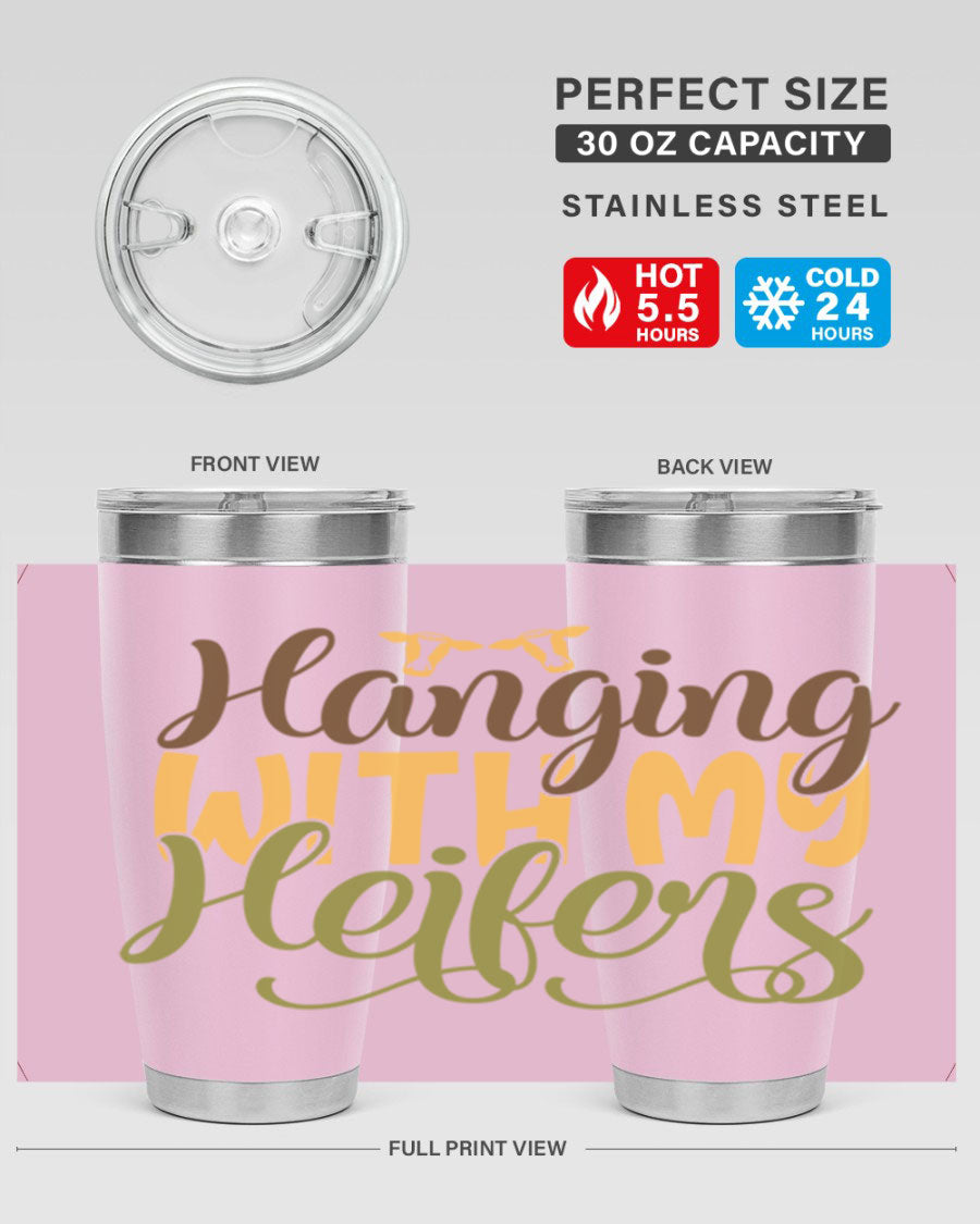 Hanging with My Heifers 20oz Tumbler featuring a double wall vacuum stainless steel design with a copper lining, perfect for hot and cold beverages.