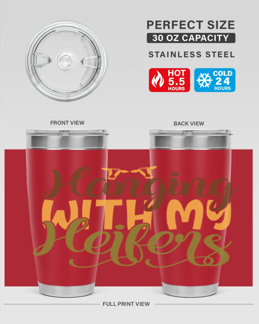 Hanging with My Heifers 20oz Tumbler featuring a double wall vacuum stainless steel design with a copper lining, perfect for hot and cold beverages.