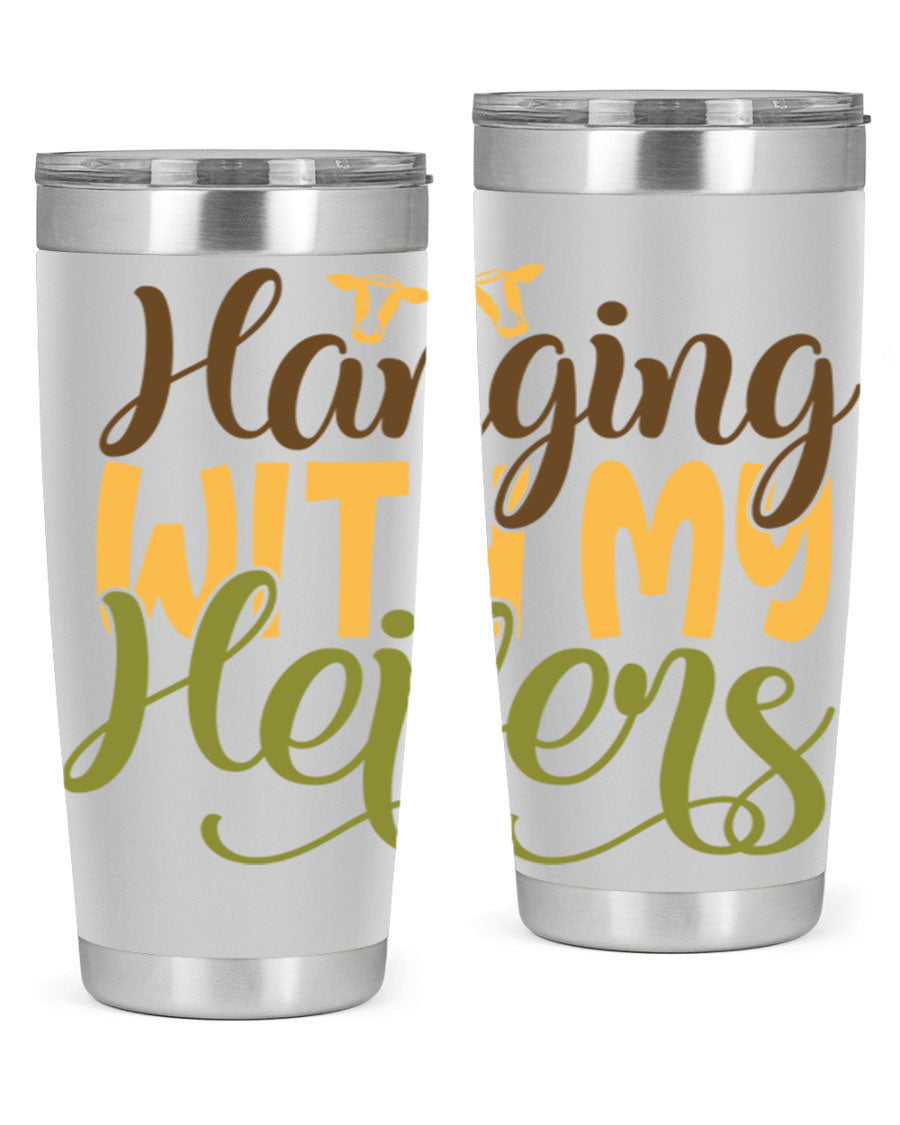 Hanging with My Heifers 20oz Tumbler featuring a double wall vacuum stainless steel design with a copper lining, perfect for hot and cold beverages.