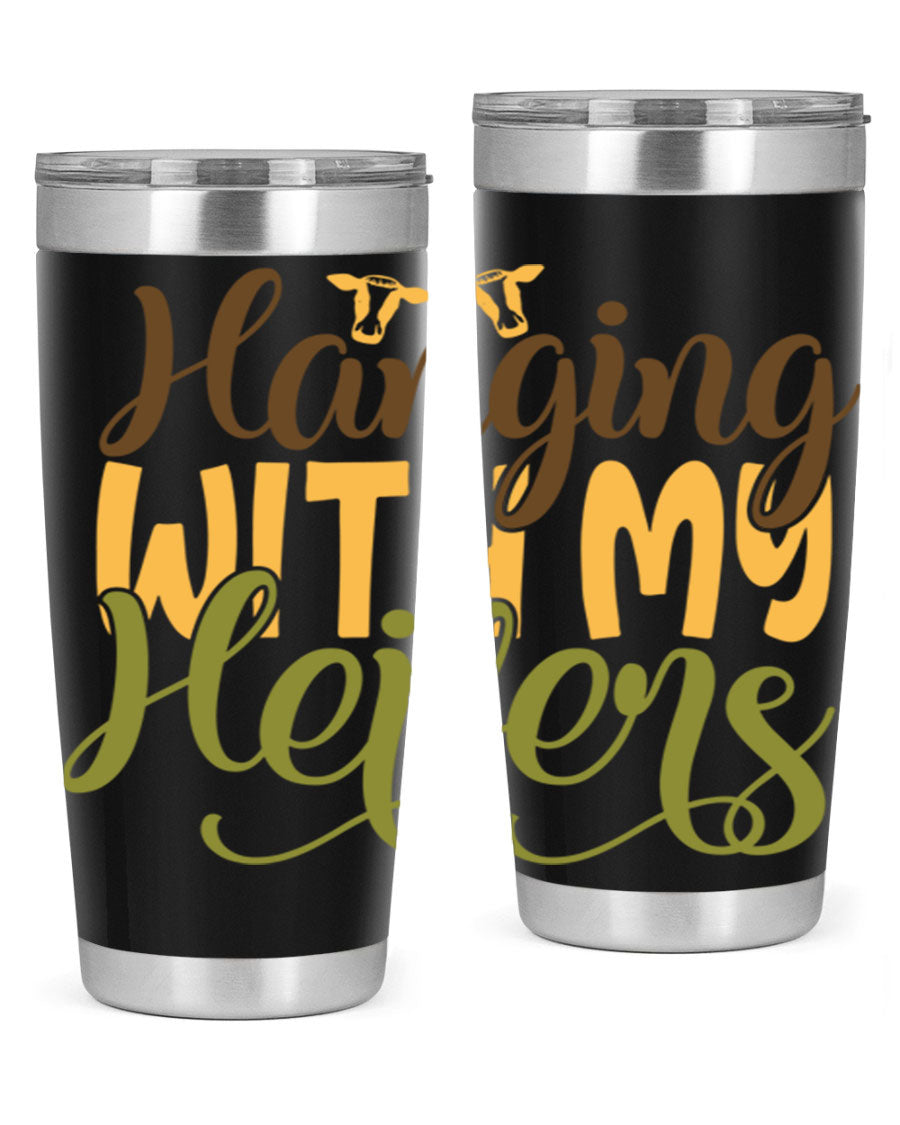 Hanging with My Heifers 20oz Tumbler featuring a double wall vacuum stainless steel design with a copper lining, perfect for hot and cold beverages.
