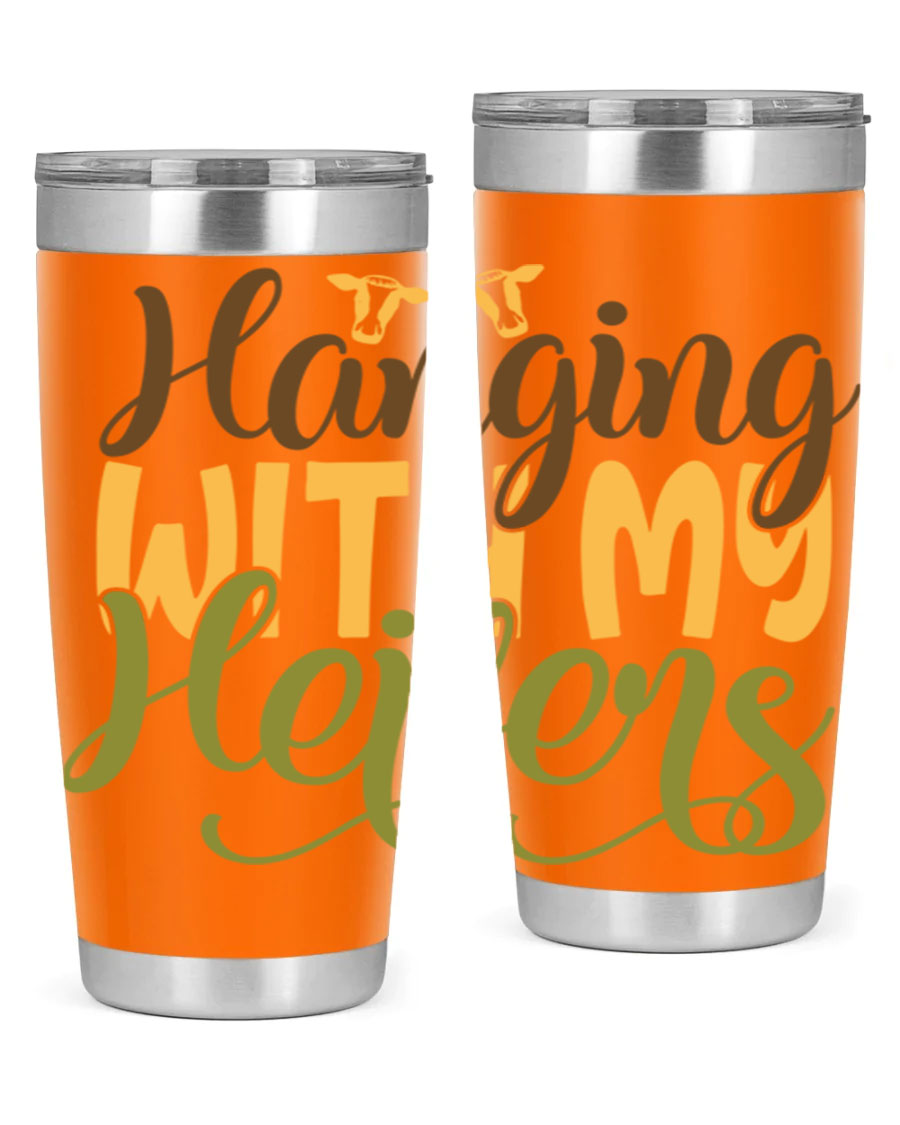Hanging with My Heifers 20oz Tumbler featuring a double wall vacuum stainless steel design with a copper lining, perfect for hot and cold beverages.