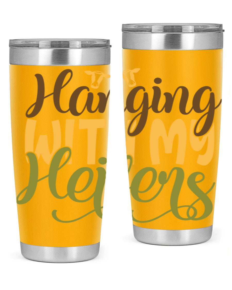 Hanging with My Heifers 20oz Tumbler featuring a double wall vacuum stainless steel design with a copper lining, perfect for hot and cold beverages.