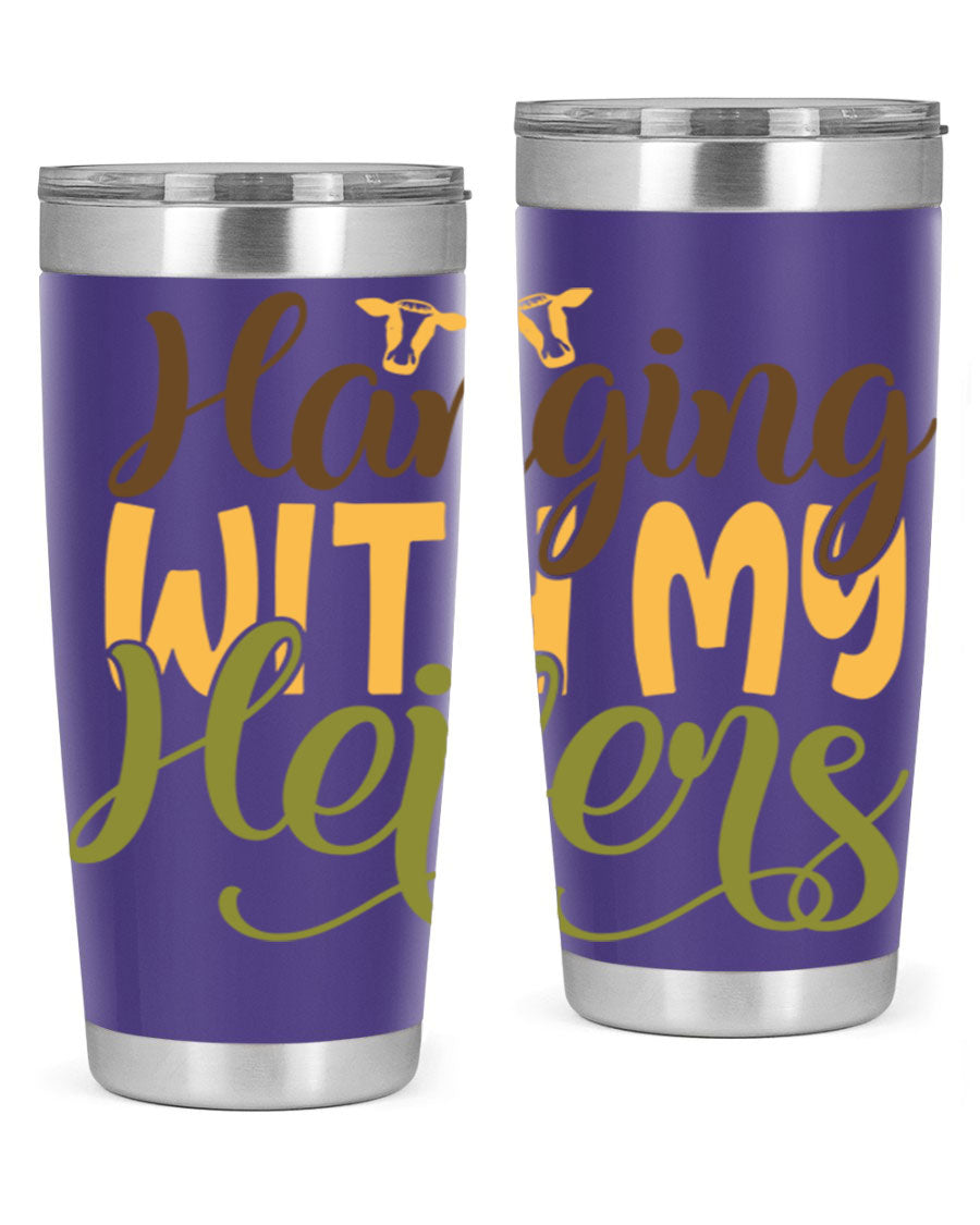 Hanging with My Heifers 20oz Tumbler featuring a double wall vacuum stainless steel design with a copper lining, perfect for hot and cold beverages.