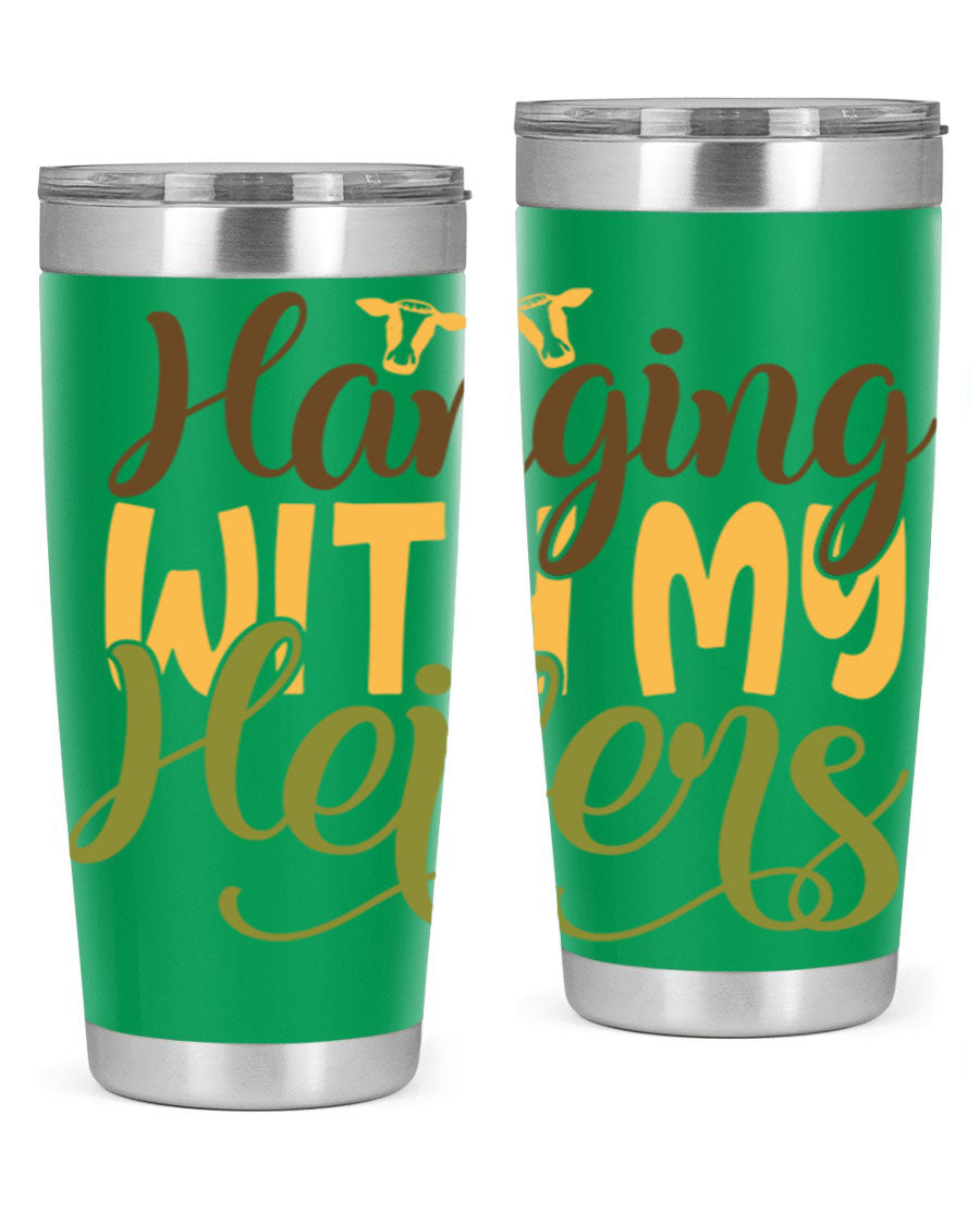 Hanging with My Heifers 20oz Tumbler featuring a double wall vacuum stainless steel design with a copper lining, perfect for hot and cold beverages.