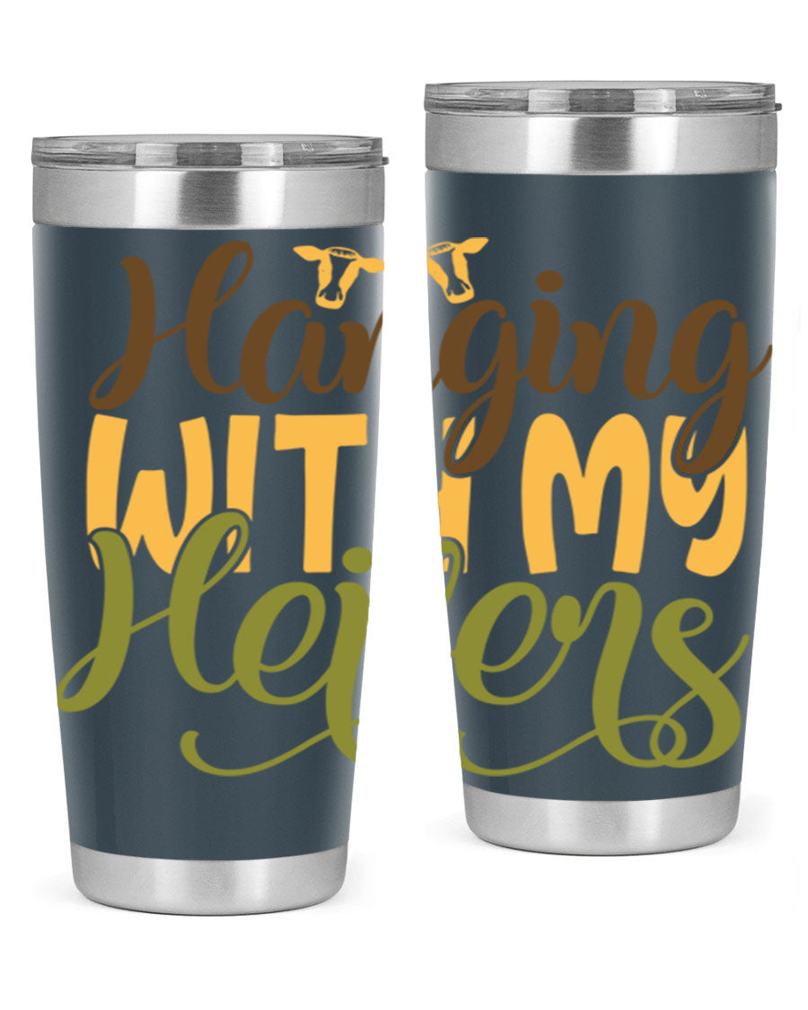 Hanging with My Heifers 20oz Tumbler featuring a double wall vacuum stainless steel design with a copper lining, perfect for hot and cold beverages.