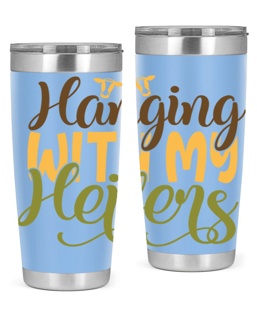 Hanging with My Heifers 20oz Tumbler featuring a double wall vacuum stainless steel design with a copper lining, perfect for hot and cold beverages.