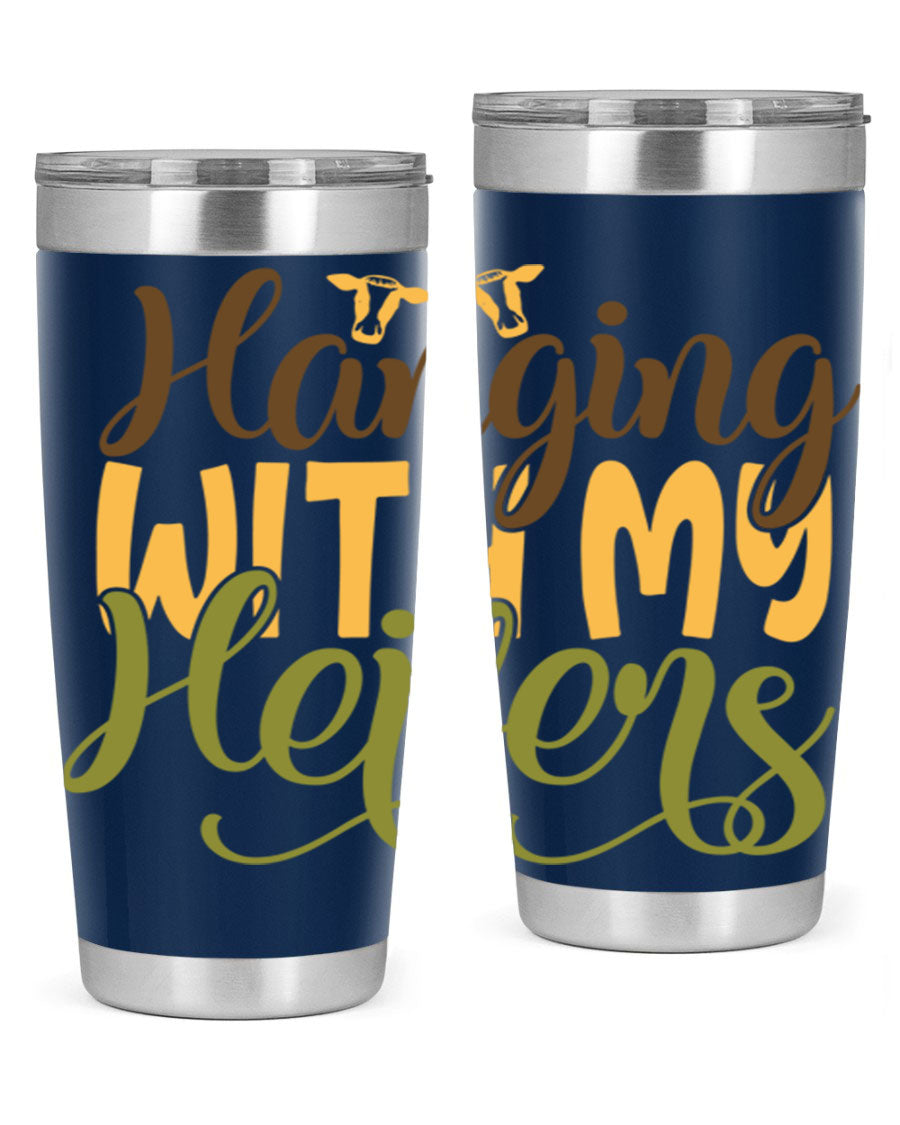 Hanging with My Heifers 20oz Tumbler featuring a double wall vacuum stainless steel design with a copper lining, perfect for hot and cold beverages.