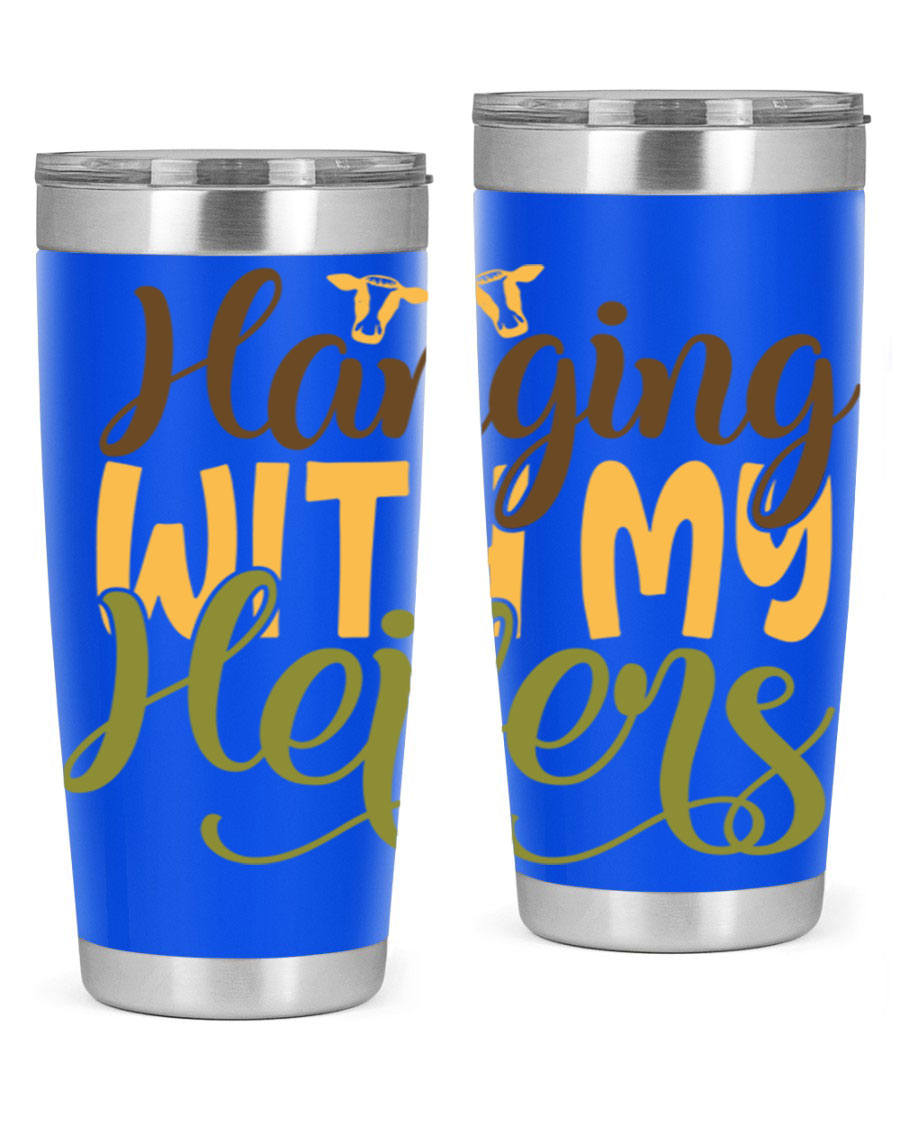 Hanging with My Heifers 20oz Tumbler featuring a double wall vacuum stainless steel design with a copper lining, perfect for hot and cold beverages.
