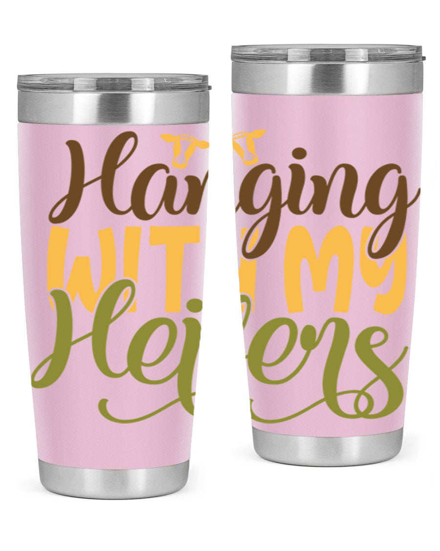 Hanging with My Heifers 20oz Tumbler featuring a double wall vacuum stainless steel design with a copper lining, perfect for hot and cold beverages.