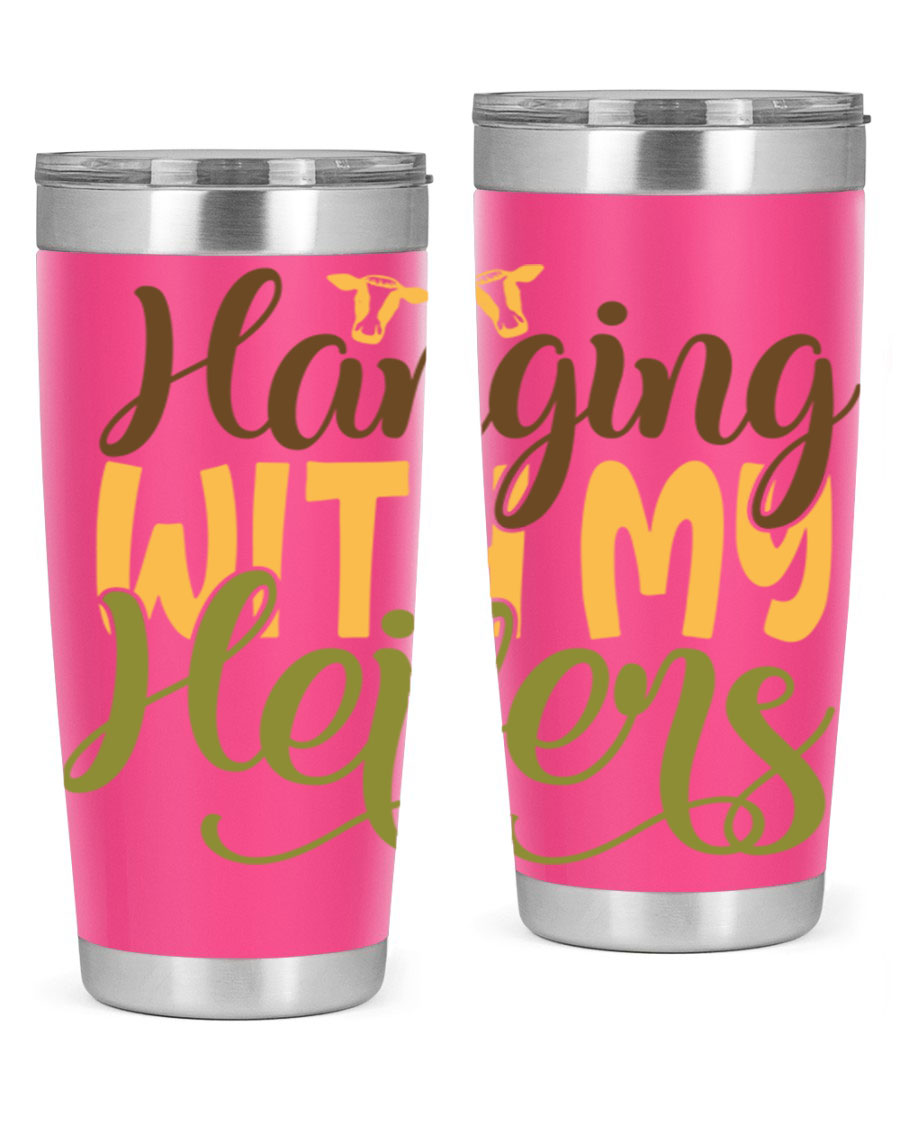Hanging with My Heifers 20oz Tumbler featuring a double wall vacuum stainless steel design with a copper lining, perfect for hot and cold beverages.
